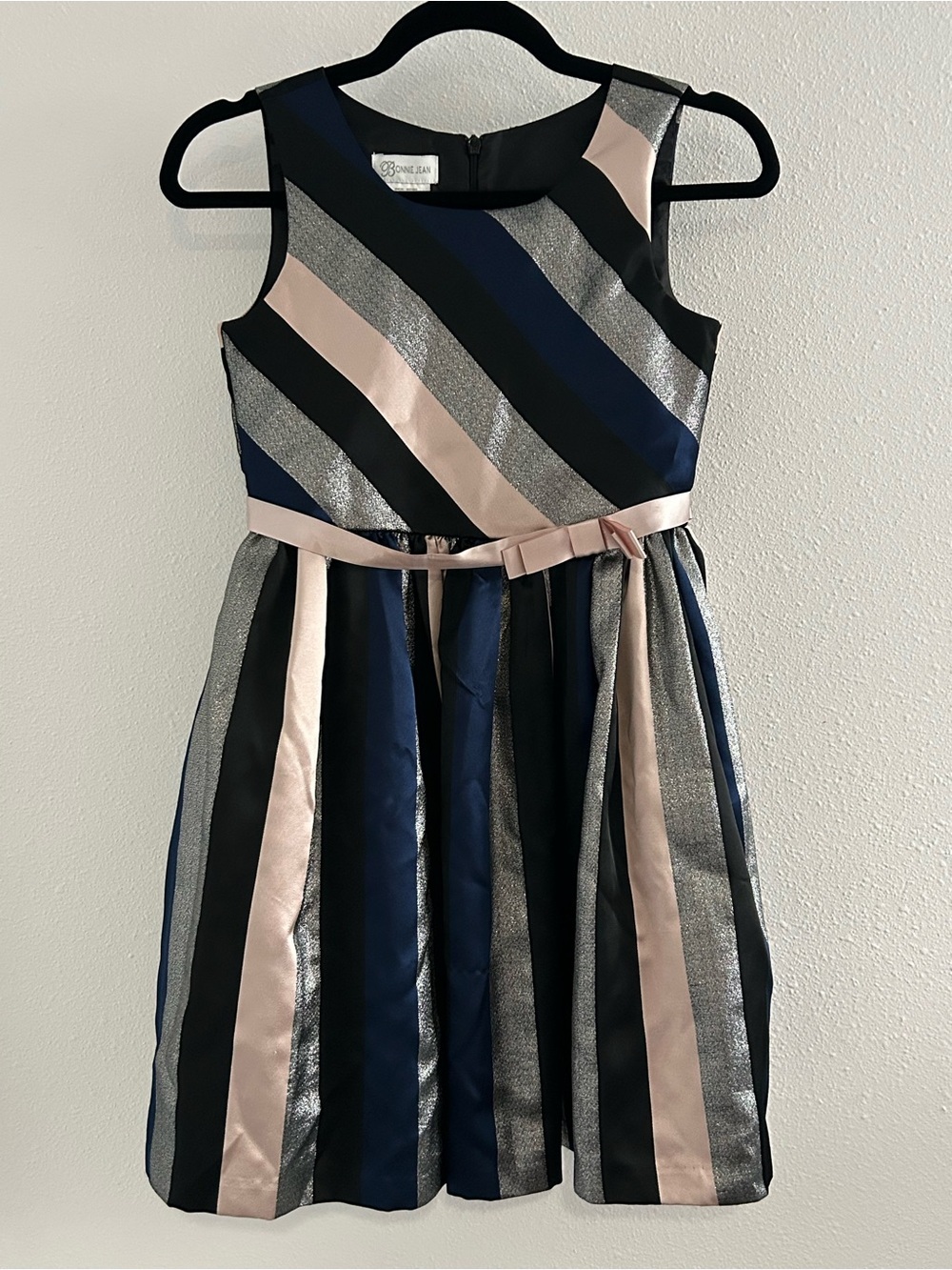 Girls' Navy Blue, Black & Blush Striped Party Dress